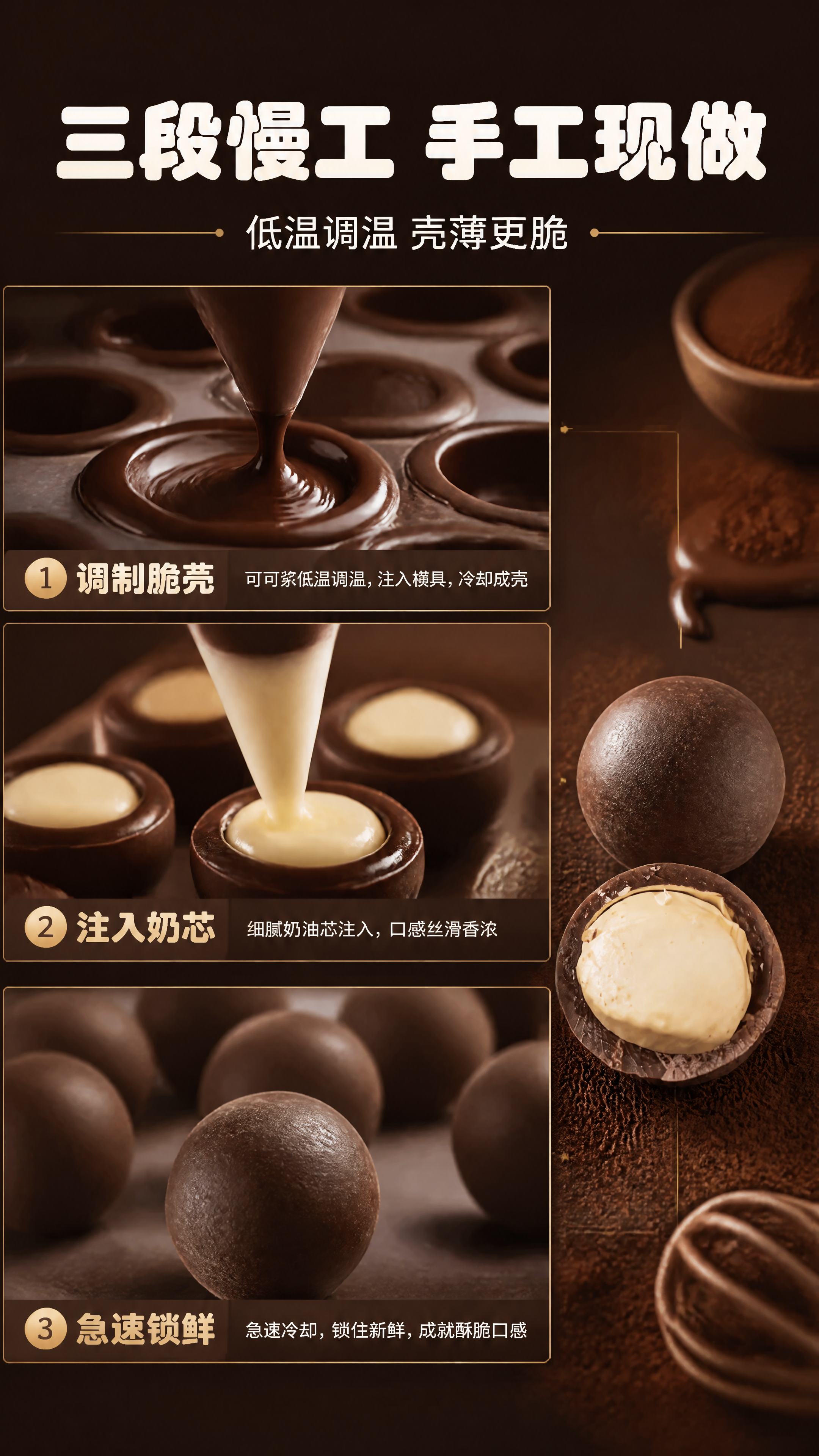 [商品] 使用【图1】黑巧克力脆皮夹心球；三段工艺小图分别展现… - 图片创意预览