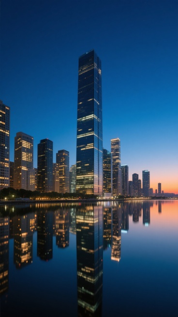 城市夜景背景，深蓝色渐变天空，中央矗立着高耸的玻璃幕墙摩天大楼，周围环绕多栋形态各异的高层建筑，所有建筑灯火通明，灯光透过窗户形成密集光点，水面平静如镜，完整倒映出建筑灯光与天空色彩，远处天际线有淡淡的橙色霞光，整体呈现出繁华都市的宁静夜晚氛围，专业摄影级画质，清晰锐利，色彩和谐，光影层次丰富，建筑细节分明，水面倒影柔和自然。预览效果