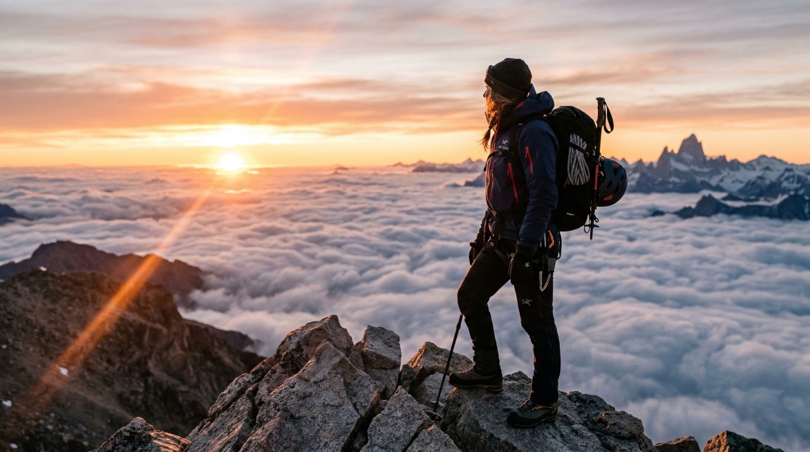 身着高端专业户外装备的登山者站在山顶，观赏壮丽的日出。柔和的黄金时段光线照亮服装边缘，脚下是壮观的云海，镜头光晕，超写实，8k分辨率，佳能EOS R5拍摄，浅景深。预览效果