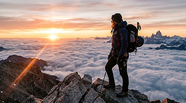 身着高端专业户外装备的登山者站在山顶，观赏壮丽的日出。柔和的黄金时段光线照亮服装边缘，脚下是壮观的云海，镜头光晕，超写实，8k分辨率，佳能EOS R5拍摄，浅景深。