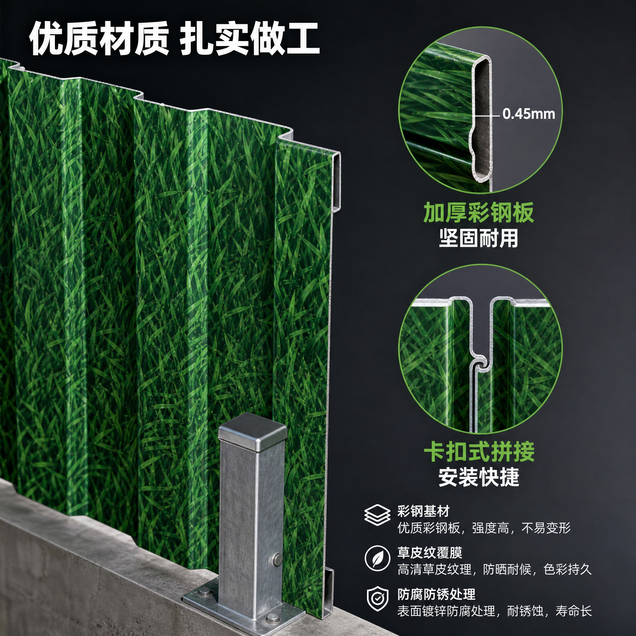 [主图-4] 材质结构细节图，展示草皮纹围挡的彩钢板材质、厚度… - 图片创意预览