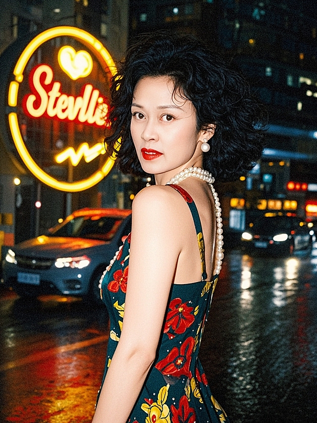 高清8K都市夜拍胶片写真，中年女性，明艳慵懒气质
发型：黑色短款羊毛卷（蓬松卷曲，发丝纹理清晰，带有随性凌乱的动感）
妆容：精致明艳妆（浓郁哑光红唇，眼妆精致舒展，妆面适配夜景霓虹光泽），佩戴大颗珍珠耳环，服饰搭配珍珠链条背带装饰
服饰：深绿色底、红黄色花卉图案的吊带露背连衣裙，面料贴合有质感
姿态：侧身站立于雨夜街头，身体微转，头部向后轻转直视镜头，肩颈线条舒展放松，姿态慵懒又带明艳张力
场景：夜晚雨后都市街道背景，路面湿漉漉带有霓虹灯光反光，后方有黄色霓虹招牌（含“Steviolie”字样）、红色圆形发光logo，行驶的车辆带有动态灯光模糊效果，整体是暖调霓虹交织的雨夜氛围
风格：胶片颗粒质感，暖黄/红霓虹光与冷调雨夜的色彩对比，明暗交错的夜景打光（突出珍珠光泽、卷发纹理、裙装碎花细节），都市时尚夜拍氛围感