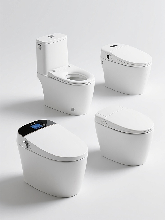 4个不同种类、不同外观、不同样式的智能马桶，包括带有显示屏和旋钮控制的现代款式，整体呈现光滑圆润的白色陶瓷材质，具有细腻的哑光质感，每个马桶设计独特，有的可能带有不同形状的水箱、不同样式的冲水按钮或盖板设计，所有马桶整齐排列在纯白色的纯色背景上，布局对称有序，光线均匀柔和，营造出简洁、专业的产品展示氛围，高清细节，清晰的产品轮廓和材质表现。