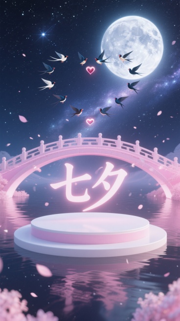 银河鹊桥悬浮于星空，鹊桥前面有一个梦幻粉白色圆形展台，一轮明月照应在星空，喜鹊在天空排成一个爱心形状“七夕”两个字在爱心中间，柔光粒子飘散。预览效果