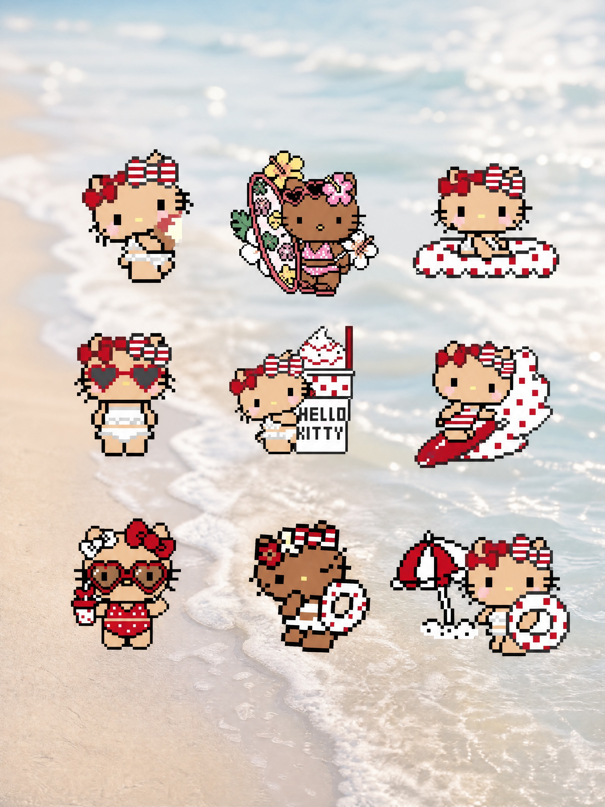 保留图中全部9个像素风格夏日Hello Kitty角色，每个角… - 图片创意预览