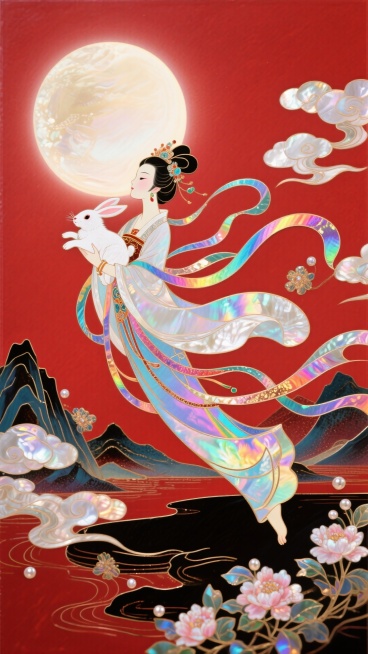 日漫风格，嫦娥怀抱玉兔奔向一轮圆月，衣摆飘逸。周围环绕着祥云和盛开的花朵，背景山脉，红色底色，非常规的动态构图预览效果