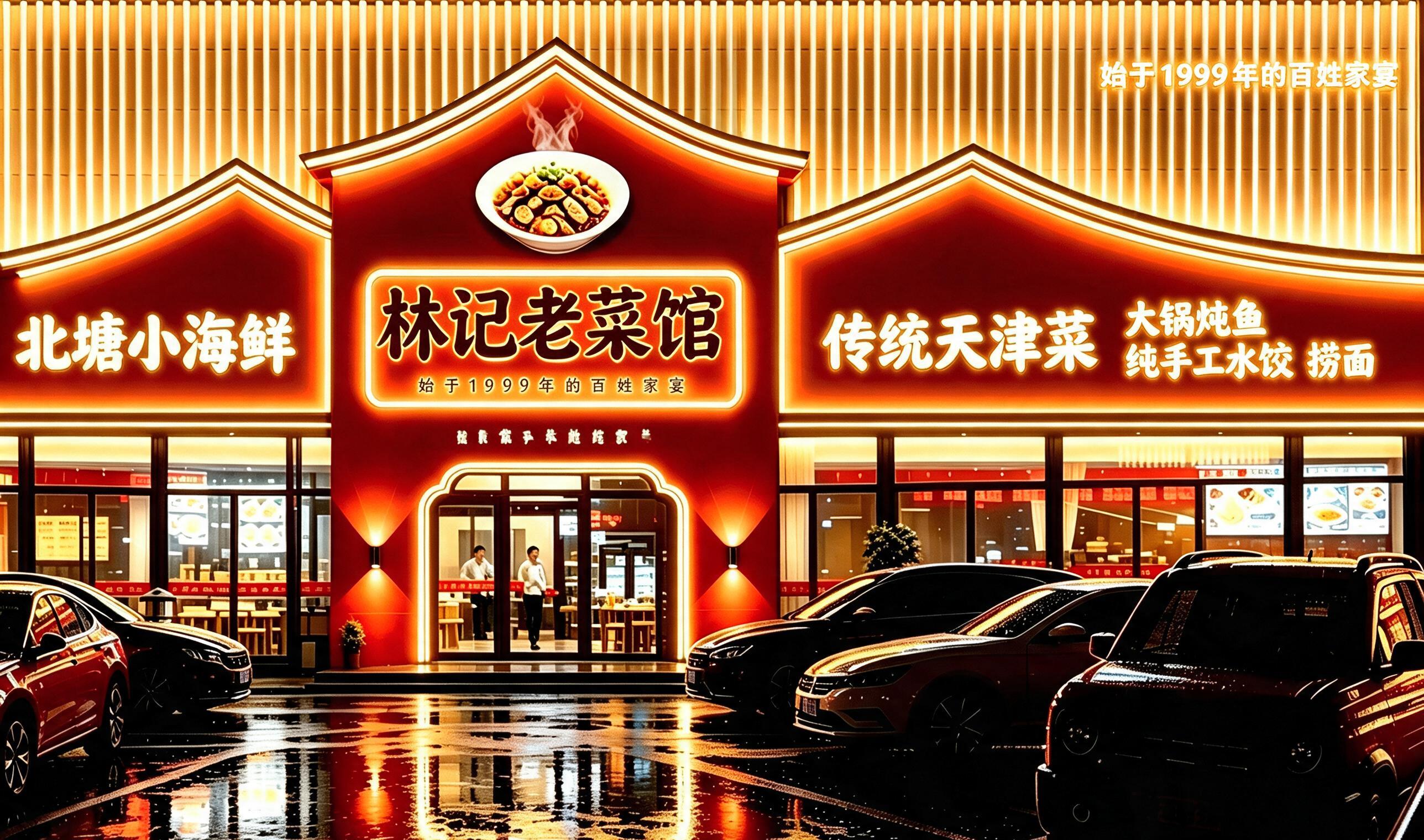 基于这张餐馆门头夜景图进行修改，保持整体风格、灯光效果、建筑结… - 图片创意预览