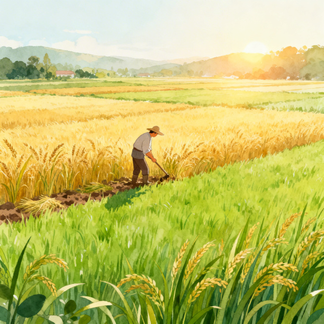 春耕秋收的田园风光插画，农民在开阔田野中辛勤劳作，温暖阳光洒在金色麦浪或绿油油的稻田上，色彩柔和清新，手绘插画风格，体现自然生长需要时间与耐心的哲理，整体氛围宁静治愈预览效果