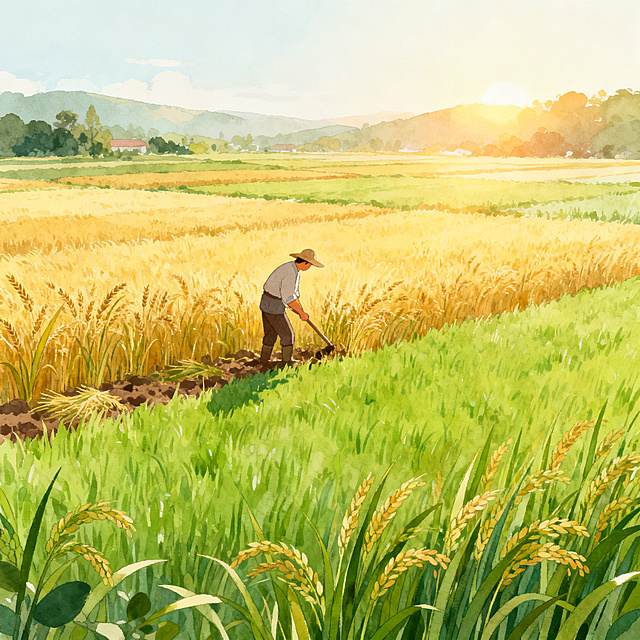 春耕秋收的田园风光插画，农民在开阔田野中辛勤劳作，温暖阳光洒在金色麦浪或绿油油的稻田上，色彩柔和清新，手绘插画风格，体现自然生长需要时间与耐心的哲理，整体氛围宁静治愈