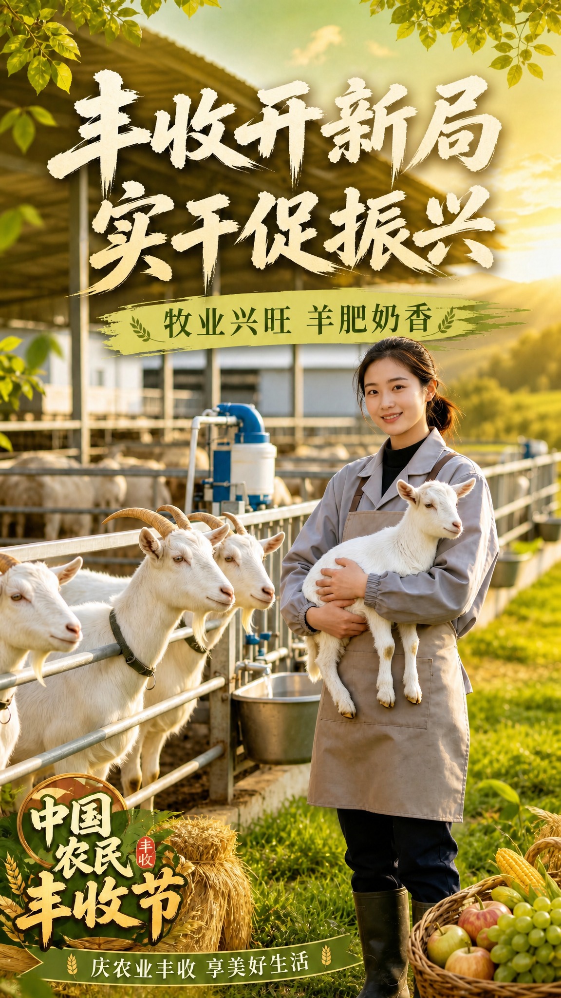 修改这张奶山羊养殖海报：1. 将主标题文字替换为"丰收开新局… - 图片创意预览