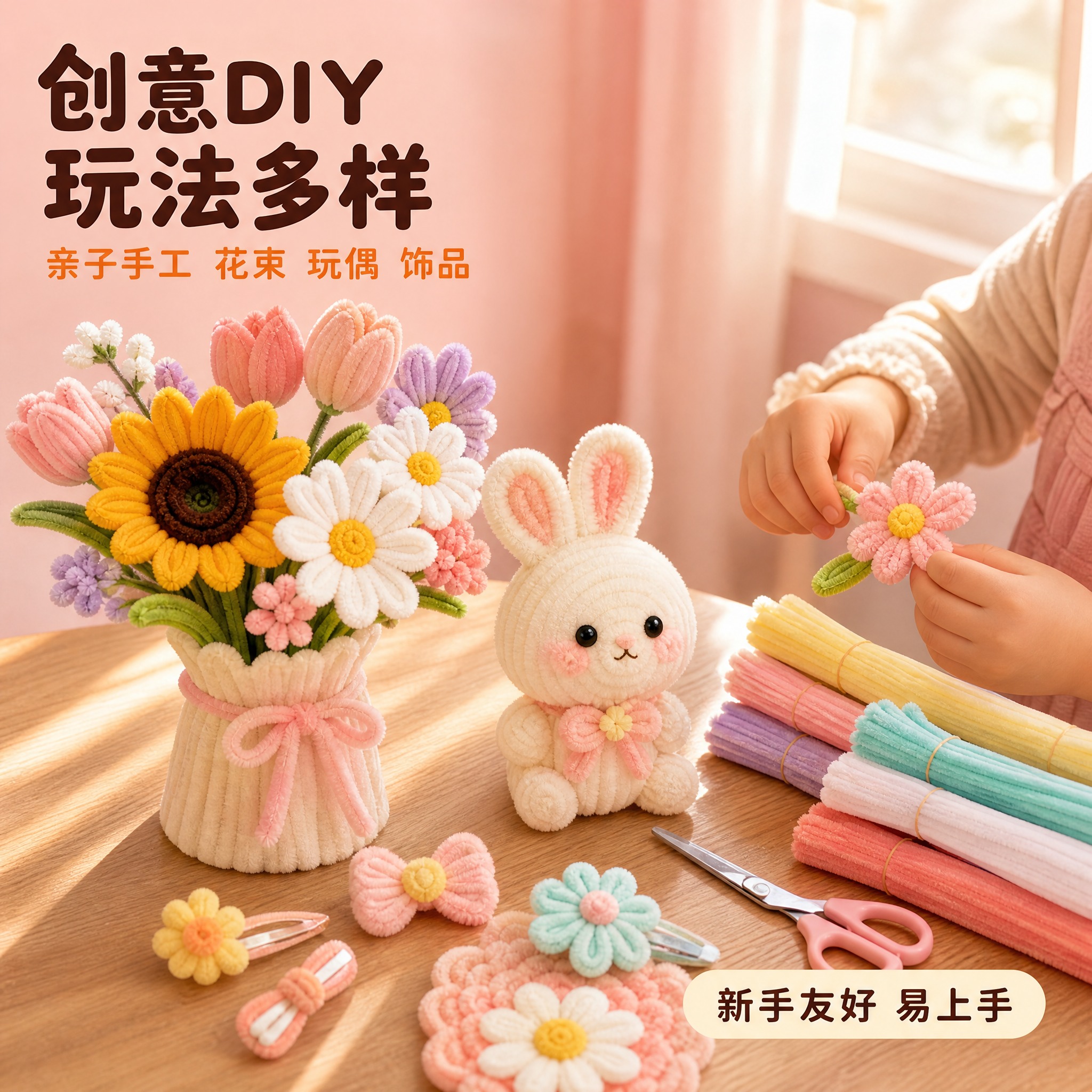 [主图-4] 马卡龙色扭扭棒 DIY手工毛根条 成品效果与使用… - 图片创意预览