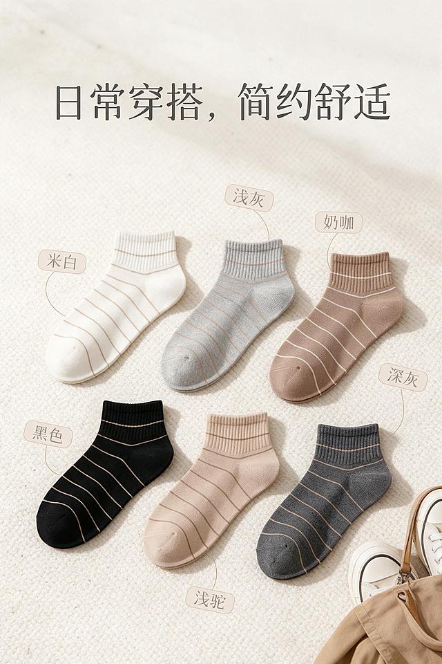[商品] 使用【图1】米白浅棕条纹短袜为基础款，延伸出同款式多色（米白、浅灰、奶咖、黑色等日常色系）；商品处理：100%继承原袜子的针织面料、纱线纹理、织物颗粒、织物质感、褶皱、明暗光影，袜子质感完全复刻原图，禁止重新生成袜子材质，不抹平颗粒，不要塑料光滑感；仅颜色变化，袜型、条纹结构、针织纹理完全一致。保持真实实拍纪实质感。
[画面] 页面目标：颜色分类展示，突出日常穿搭简约舒适。画面为多色同款袜子整齐排列展示，平铺或半立在浅米色背景上，颜色丰富但统一和谐，可搭配简单的穿搭道具如帆布鞋、浅色裤脚等点缀。上方留白放标题文案。整体氛围清新、日常、有选择感。
[视觉] 套系策略：风格=真实实拍纪实质感，高级简约商业摄影；标题字=现代简约无衬线粗体；正文字=简洁无衬线体；主色=米白奶杏色；背景延展=基于米白奶杏做深浅层级、同色渐变和细腻织物/纸张质感；强调色=浅驼棕，仅用于小面积图标、引线和标签；标题色=深炭灰；正文色=中暖灰；组件=细线引线、浅底圆角信息卡、色号小标签；光影=顶部自然柔光，柔和漫反射，真实投影。
[文字] 上方主标题"日常穿搭，简约舒适"，下方每款袜子旁标注颜色名称小标签。文字全部横向排版，层级分明，不遮挡袜子主体。
[规格] 图片比例2:3竖版，2K分辨率，真实实拍纪实质感，不过度修图。避免袜子材质改变、纹理抹平、塑料光滑感、变形、错字、文字过小、冷蓝/蓝灰背景。