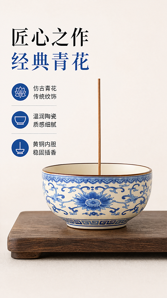 [第2屏] 产品全貌展示-青花线香炉整体设计亮点解析。本屏使用【图1】作为商品主体参考，保持产品外形尺寸、青花纹样、颜色结构和原图完全一致。
[氛围/风格] 简洁干净的产品展示风，浅暖灰调背景，突出产品本身的设计美感，商业摄影质感。
[元素布局] 香炉正面居中展示，占据画面约65%区域，完整呈现正面整体造型和青花缠枝莲纹饰。下半部分保留深色木质底板，增加质感层次。左侧分点标注核心卖点，文字区域不遮挡主体。
[光影质感] 均匀柔和的顶光，侧面补光突出陶瓷弧度，青花纹样清晰可见，釉面反光自然，底部柔和投影，立体感强。
[配色色系] 全局底色：#F8F5F0（浅暖灰）；主体配色：#F5F0E1（胎色）+#255EBC（青花蓝）+#8B4513（描边棕）；文字配色：#111111（主色）+#255EBC（强调色）。
[视角构图] 平视45度微俯视角，主体居中，文字左排版，构图均衡。
[文字版式] 顶部主标题「匠心之作 经典青花」，下方分三个卖点：「仿古青花 传统纹饰」「温润陶瓷 质感细腻」「黄铜内胆 稳固插香」，每一个卖点搭配蓝色小圆图标，左对齐排版，文字大小适合移动端阅读，清晰可读。
[比例分辨率] 9:16 竖版比例，4K分辨率，文字清晰可辨。
[负向提示词] 产品变形，颜色偏差，青花模糊，文字错乱，水印，背景杂乱。