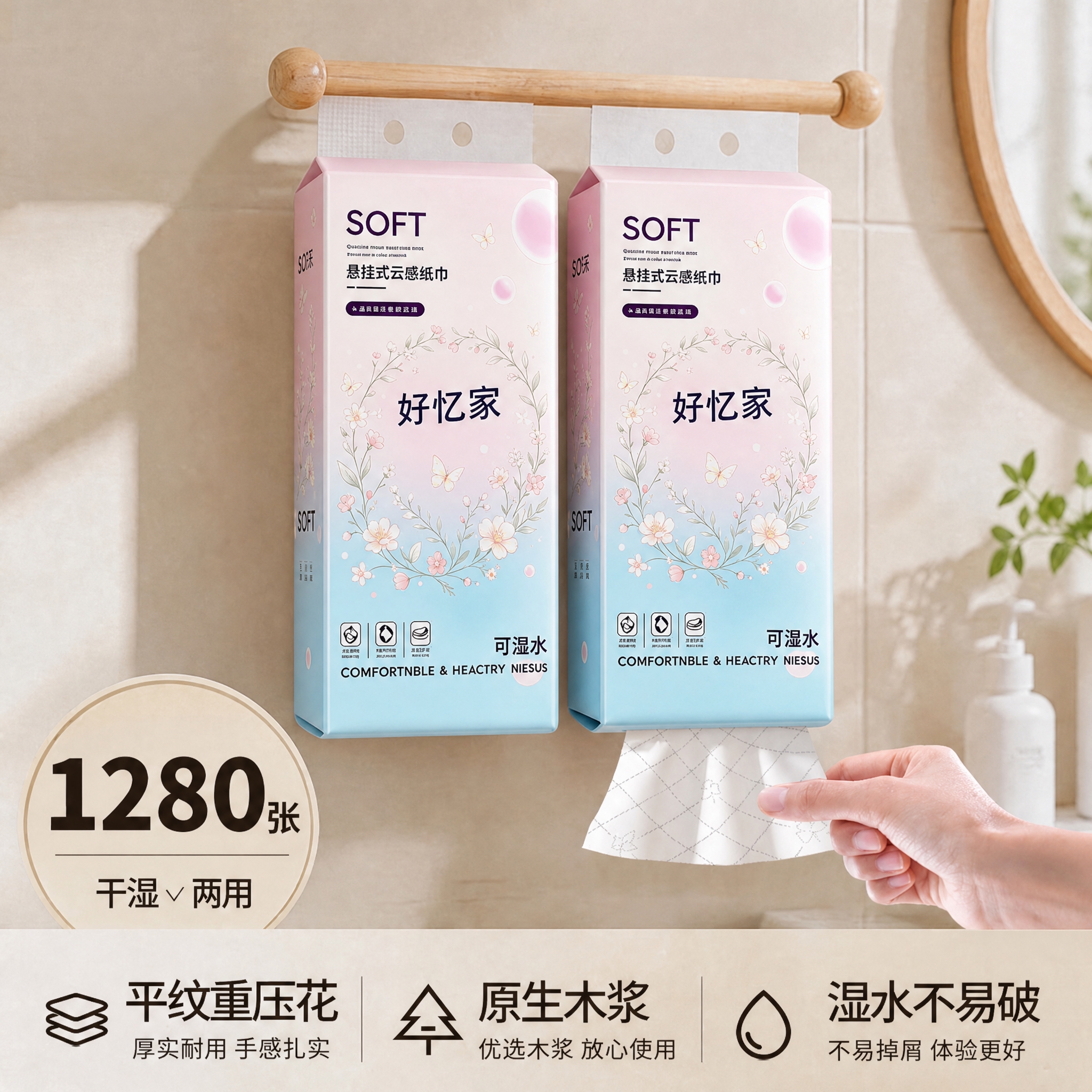 将图中悬挂的两包绿色抽纸外包装，完全替换为第一张白底图中的粉蓝… - 图片创意预览