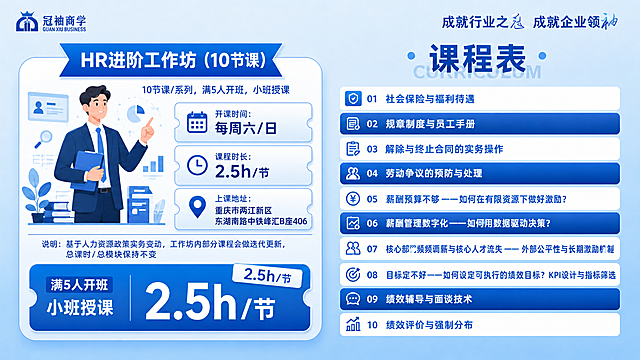 基于参考图进行修改，保持原图整体版式、配色、人物插画、品牌logo、顶部标语、左侧信息卡片（开课时间、课程时长、上课地址）、说明文字、底部价格区等所有元素完全不变，仅修改右侧课程表中10条课程的文字内容和对应图标，保持原比例不变。

右侧课程表10条课程依次更新为以下内容（每条前的序号01-10和编号样式保留，仅替换文字和图标）：
01 社会保险与福利待遇
02 规章制度与员工手册
03 解除与终止合同的实务操作
04 劳动争议的预防与处理
05 薪酬预算不够 —— 如何在有限资源下做好激励？
06 薪酬管理数字化 —— 如何用数据驱动决策？
07 核心部门频频调薪与核心人才流失 —— 外部公平性与长期激励机制
08 目标定不好——如何设定可执行的绩效目标？KPI设计与指标筛选
09 绩效辅导与面谈技术
10 绩效评价与强制分布

每条课程左侧的图标根据课程内容更换为匹配的简约线性图标，保持蓝白配色风格一致。奇数行和偶数行的蓝白交替底色条样式保持不变。整体风格为商务专业风，浅蓝色渐变背景，深蓝色主色调，与原图视觉完全统一。画面中所有文字必须清晰可读，数字精确渲染。