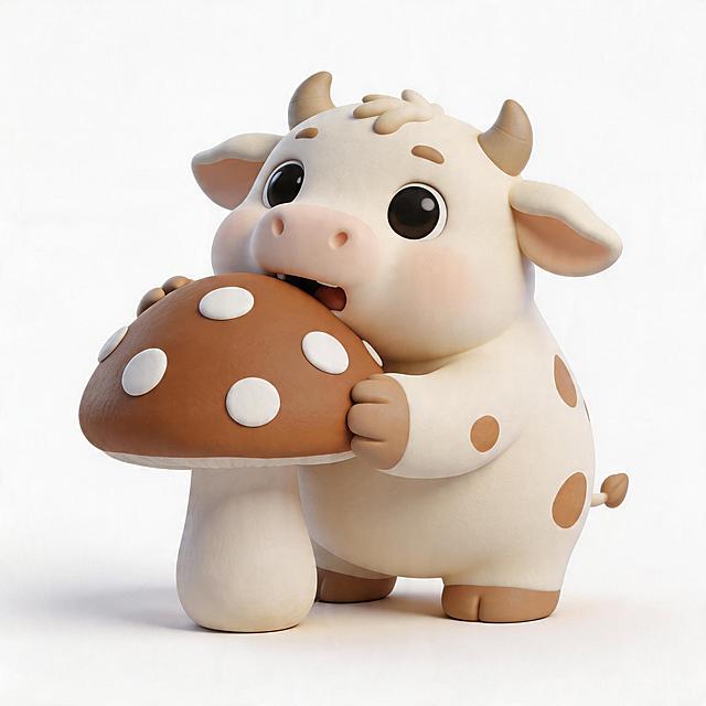 一只牛在抱着蘑菇啃，3D模型，磨砂质感，萌系风格，纯白色背景