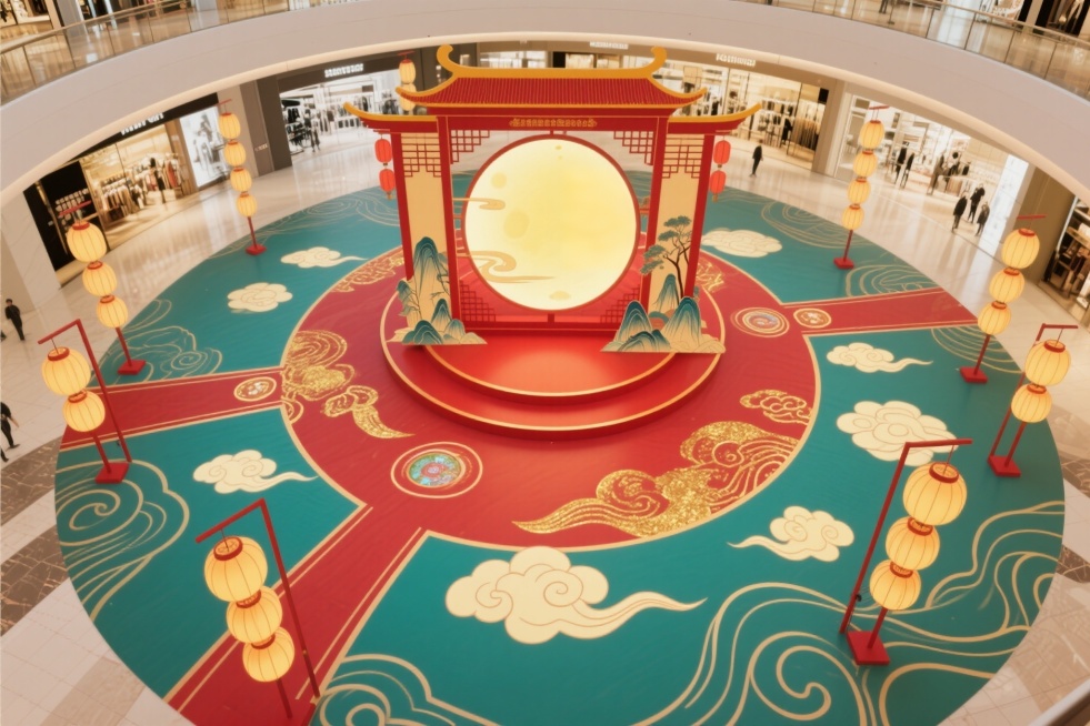 新中式风格国庆中秋商场美陈俯视角效果图，红色黄色为主色调，圆形满月装置为中心，辐射状分布互动打卡点，地面投影祥云纹与灯笼串形成视觉引导线预览效果