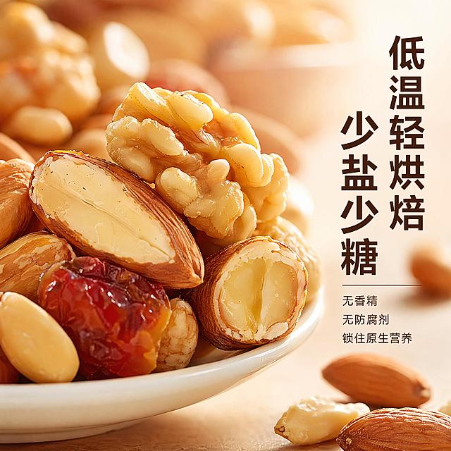 [主图-3] 工艺细节特写主图
[氛围风格] 微距突出品质，健康无添加理念
[画质] 商业摄影质感、光线柔和通透、产品清晰真实、画面干净高级
[元素] 微距特写混合坚果的酥脆横截面，突出低温轻烘焙后的酥脆质感，能看到坚果内部紧实饱满纹理，果干湿润透亮。周围散落几颗完整坚果，背景虚化突出特写细节。保持产品原有色泽和质感，与输入图一致，杜绝变形。商品主体占比约65%。
[光影] 自然暖阳逆光打透坚果，突出通透感和油脂光泽，纹理清晰可见，光影层次丰富。
[配色] 主色调坚果自然棕黄色，背景浅暖棕，食欲感强
[视角构图] 微距特写，焦点在坚果切面，景深较浅，突出细节
[文字版式] 右侧竖排大字写"低温轻烘焙 少盐少糖"，深棕色粗体；下方小字分三行写"无香精 无防腐剂 锁住原生营养"，每行一个卖点，字号缩小一半，深棕色细体。文字不遮挡特写主体，保持清晰
[比例分辨率] 1:1 比例，4k 分辨率，文字清晰锐利，超高清
[负向提示词] 变形，文字错乱，产品图模糊，背景杂乱，水印，电商平台Logo