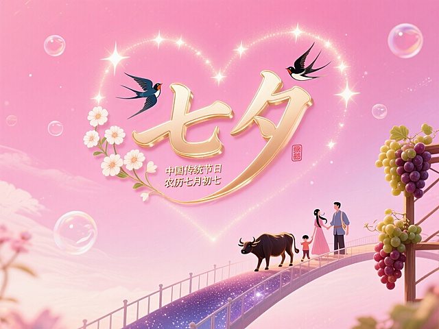 梦幻插画风，大字“七夕”闪耀，浪漫桥上情侣相依，超现实主义甜美氛围。