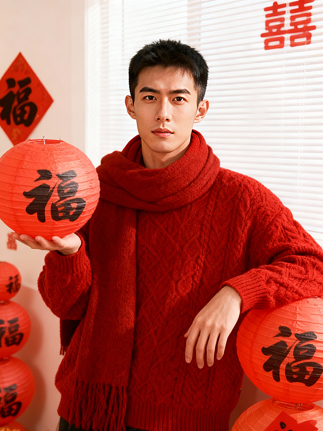 国潮风新春大片，红毛衣配围巾尽显中式喜庆，实景布景融合灯笼与“福”字，面料质感突出，节日氛围浓厚。