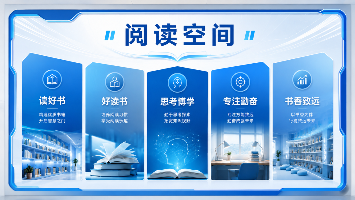 修改为单块完整文化墙，移除顶部WRG和所有多余小字，保留蓝白科技模块化设计风格，保留原有的读好书、好读书、思考博学、专注勤奋五个模块内容，将阅读空间放置在顶部显眼位置，整体为单块完整文化墙设计预览效果