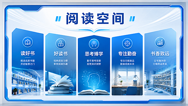 修改为单块完整文化墙，移除顶部WRG和所有多余小字，保留蓝白科技模块化设计风格，保留原有的读好书、好读书、思考博学、专注勤奋五个模块内容，将阅读空间放置在顶部显眼位置，整体为单块完整文化墙设计