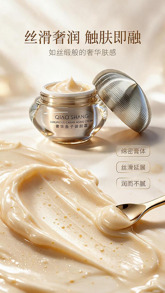 [商品] 使用【图1】QIAO SHANG 奢华鱼子御龄霜；保留瓶身圆润造型、金色螺纹瓶盖、透明金色瓶身、瓶身正面"QIAO SHANG""LUXURIOUS CAVIAR AGING CREAM""奢华鱼子御龄霜"文字与Logo，产品结构、颜色、材质、比例完全一致，不做任何修改。
[画面] 第4张：质地与肤感展示。目标是展现面霜丝滑滋润的质地，强化使用体验感。上半部分开盖产品特写，金色盖子微微打开放在旁边，露出罐内米金色膏体；下半部分大面积膏体质地微距：丝滑的面霜被推开，呈现细腻光泽的延展纹理，带有微小金色闪粒和鱼子精华颗粒感；膏体旁有一把金色小挖勺；背景浅米金渐变，柔焦光斑点缀。
[视觉] 套系策略：风格=高端奢华东方轻奢商业摄影；标题字=衬线粗体+现代无衬线组合；正文字=简洁无衬线体；主色=香槟金+米白金；背景延展=基于香槟金做深浅渐变、丝绸质感、柔雾光晕层级；强调色=深金/琥珀金，仅用于小面积图标、引线、标签和高光；标题色=深棕金；正文色=暖棕灰；组件=圆角金线信息卡、细线引线、金色胶囊标签；光影=左前侧暖柔光，突出膏体丝滑光泽和细腻纹理。
[文字] 上方主标题"丝滑奢润 触肤即融"，副标题"如丝缎般的奢华肤感"；右侧3个质地关键词卡片：绵密膏体、丝滑延展、润而不腻。文字全部横排，不遮挡膏体微距主体。
[规格] 图片比例9:16竖版，2K分辨率，淘宝/天猫详情页风格。避免变形、错字、文字过小、冷蓝/冷灰背景、产品颜色改变、质地失真、医疗化表述。