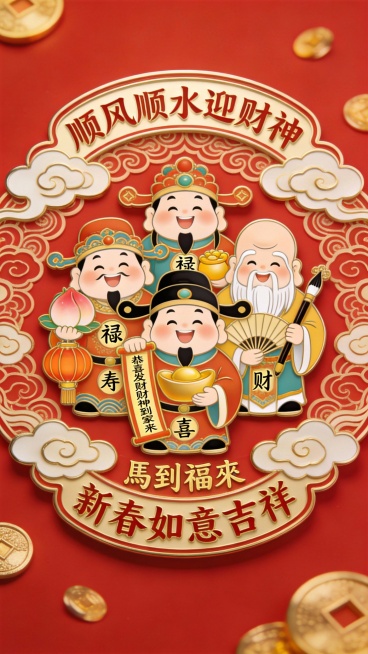 传统祥云纹图形设计 中文“新春如意吉祥””主体，采用细腻的曲线相互交织，构建出富有层次感的图案。精美的祥云纹，“顺风顺水迎财神”标题，Q版漫画矢量图，五个卡通五路财神摆件，穿着不同服装，半身慈祥可爱笑预览效果