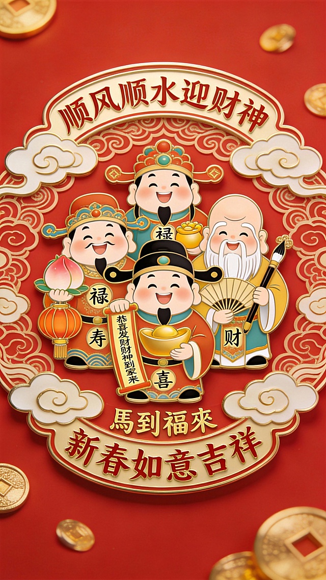 喜庆红金配色，卡通人物演绎国潮风财神形象，软3D浮雕质感结合鎏金元素，插画风呈现新春吉祥氛围。