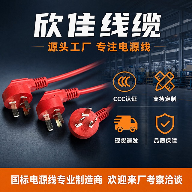 [主图-5] 工厂实力与服务背书图，主题：欣佳线缆 源头工厂 实力保障。
[统一基调] 1688 B端工业风，深蓝灰色商务背景，主标题白色粗黑体，强调色橙色，整体专业可信、工厂实力感。
[画面] 画面左侧展示红色国标三插电源线插头，三个红色插头整齐排列，占画面约40%，产品外观与输入图一致，颜色鲜艳突出。右侧展示工厂实力信息，上方有工厂车间剪影背景元素，下方排列四个服务图标。底部有一条橙色强调条。整体传递源头工厂、专业可靠的感觉。
[光影质感] 商业产品摄影质感，产品光影干净，背景有工厂车间的朦胧光影效果，氛围专业大气。
[配色] 背景深蓝灰渐变，主标题白色，服务图标橙色，说明文字浅灰色，底部强调条橙色配白字。
[文字版式] 顶部白色大标题「欣佳线缆」粗黑体，下方橙色副标题「源头工厂 专注电源线」；右侧中部四个服务项两排排列，每项上方橙色图标，下方白色文字，分别是「CCC认证」「支持定制」「现货速发」「品质保障」；底部橙色通栏内白色大字「国标电源线专业制造商 欢迎来厂考察洽谈」。文字清晰，层次分明。
[输出要求] 1:1正方形比例，2K分辨率，产品清晰，文字清晰无错字，画面专业大气，无水印，无平台logo，禁止变形、模糊。