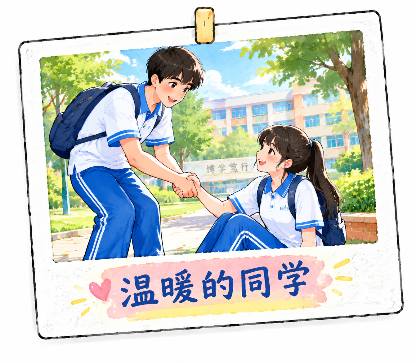从这张黑板报中提取并单独生成第六张照片风格插画：两名穿着校服的… - 图片创意预览