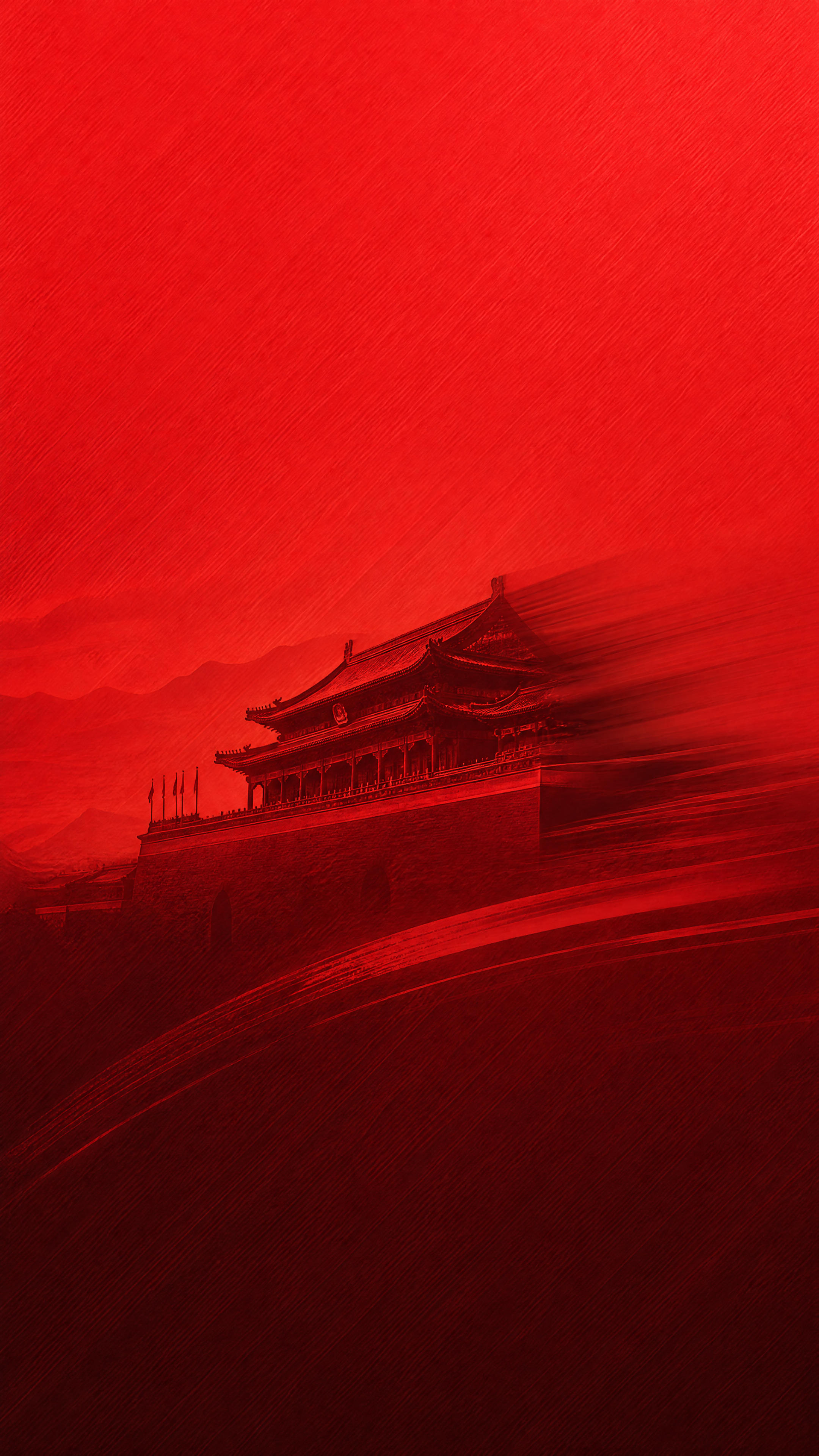 新中式国庆主题海报设计，渐变正红色背景，带有细密斜向拉丝纹理，… - 图片创意预览