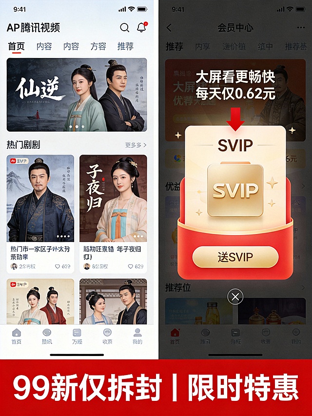 高清无水印，采用拼接式界面展示图风格，左侧为腾讯视频App首页内容推荐区，突出热门剧集如《仙逆》《子夜归》等，右半部分为会员中心页面截图，重点放大“SVIP”权益模块和“送SVIP”按钮，用红色箭头指向“大屏看更畅快 每天仅0.62元”优惠信息。底部红底白字横幅写“99新仅拆封 | 限时特惠”，增强紧迫感与真实感，整体布局清晰体现会员价值与使用场景。