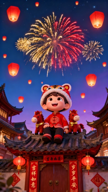 3D 卡通风格，迪士尼萌系渲染，国风新年主题。主体：Q 版可爱小男孩，身着红色中式新年服饰、头戴虎头帽，笑容灿烂坐在中式古建筑屋顶，身旁依偎两只红棕色卡通小马玩偶（马年元素），仰头望向夜空。场景：夜晚预览效果
