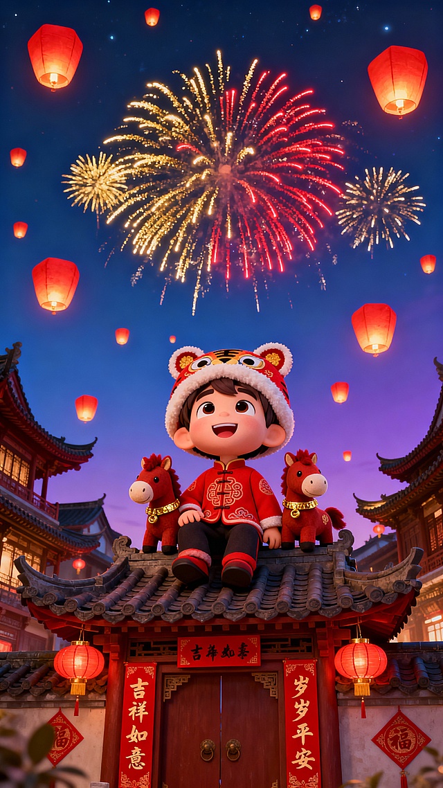 3D 卡通风格，迪士尼萌系渲染，国风新年主题。主体：Q 版可爱小男孩，身着红色中式新年服饰、头戴虎头帽，笑容灿烂坐在中式古建筑屋顶，身旁依偎两只红棕色卡通小马玩偶（马年元素），仰头望向夜空。场景：夜晚的中式古镇，飞檐翘角的传统古建筑群，渐变蓝紫色夜空，空中飘满红色孔明灯，绽放金色、红色的绚烂烟花。色彩：主色调为红色（服饰、灯笼、建筑装饰）、金色（烟花、装饰细节），搭配蓝紫色夜空，暖冷对比鲜明，营造喜庆热烈的新年氛围。构图：低角度仰视视角，主体居中，上半部分为烟花夜空，下半部分为古建筑，层次分明。细节：建筑悬挂红色春联（新年吉祥语）、中式灯笼，烟花动态绽放，孔明灯暖光点缀，小马佩戴金色项圈，男孩服饰有传统纹样。元素位置：男孩与小马在画面中下部屋顶中央，烟花分布在上部夜空，孔明灯散落在画面左右及上方，古建筑群分布于画面两侧及下方。