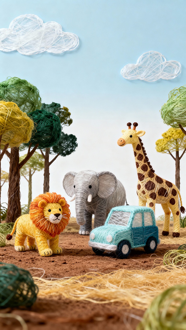 用缠绕的纱线塑出蓬松树冠、柔绒动物（狮、象、长颈鹿），再缀上纱线纹理的小车，配纱线云朵作衬，让柔软纤维裹住野性生灵，把草原秘境揉成触手可及的暖糯梦境，每一缕线都藏着 “用温柔重构自然” 的巧思。