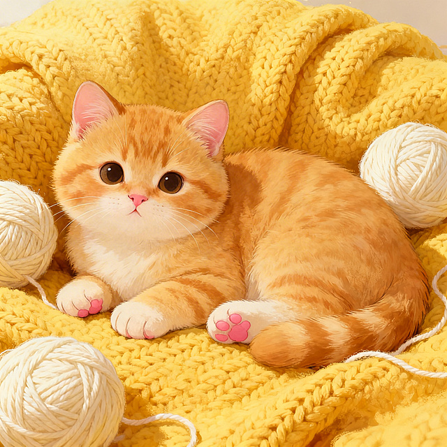 插画风厚涂猫，毛发生长细腻，重拟物质感，温馨柔软的黄色毛毯与毛线球环绕，传递可爱、舒适与温暖感。