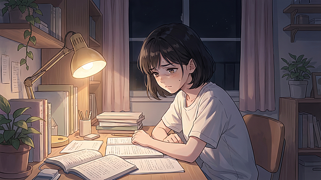 固定近景镜头，人物形象按照参考图中的女生五官模样发型生成，场景是安静宿舍，深夜暖黄昏暗柔光，静谧夜晚氛围感，林星低头伏案紧锁眉头，表现出疲惫焦虑落寞难过的情绪，整体治愈清新二次元国风校园动画风格，柔和马卡龙低饱和度色调，光影细腻唯美