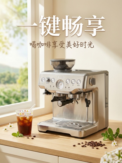 以图中的咖啡机和冰咖啡为主体元素，制作咖啡主题海报，添加主标题"一键畅享"，副标题"喝咖啡享受美好时光"，风格清新温馨，画面明亮有质感预览效果