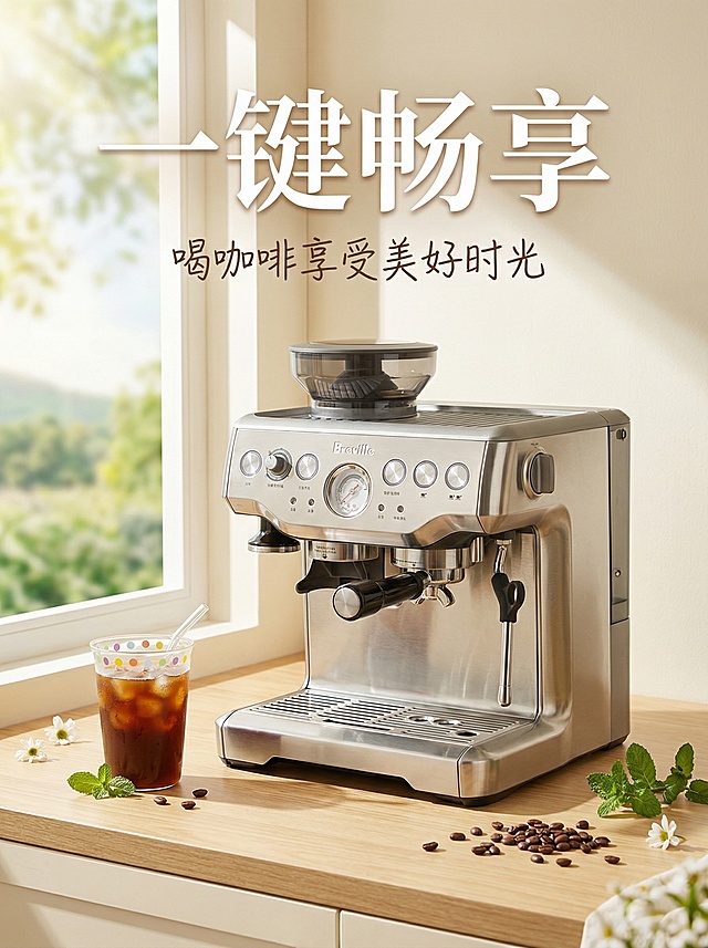 以图中的咖啡机和冰咖啡为主体元素，制作咖啡主题海报，添加主标题"一键畅享"，副标题"喝咖啡享受美好时光"，风格清新温馨，画面明亮有质感