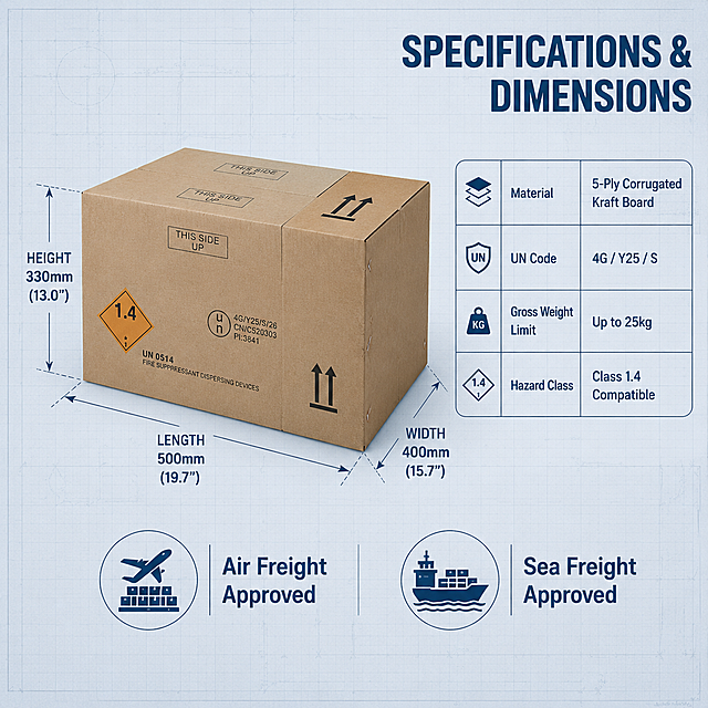 Amazon main image 5, specifications and dimensions infographic. Light blue-gray technical drawing background with faint blueprint grid lines. Main visual: dangerous goods shipping carton shown in 3D isometric view at center-left, keep appearance and UN markings consistent with input product image. Dimension lines with arrows extending from the carton showing Length, Width, and Height measurements. Top right: large title "SPECIFICATIONS & DIMENSIONS" in bold dark blue font. Below title: specification table with 4 rows: 1) Material - "5-Ply Corrugated Kraft Board", 2) UN Code - "4G / Y25 / S", 3) Gross Weight Limit - "Up to 25kg", 4) Hazard Class - "Class 1.4 Compatible". Bottom section: two application icons side by side - left icon with air cargo symbol and text "Air Freight Approved", right icon with cargo ship symbol and text "Sea Freight Approved". Technical industrial infographic style, clean precise lines, professional engineering drawing aesthetic. Commercial product rendering quality. 1:1 ratio, all text in English, crisp and readable. Negative: deformed, Chinese text, watermark, blurry dimensions, messy layout.