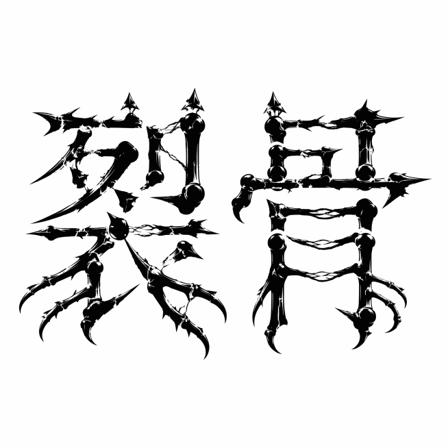 中文字体“裂骨”设计，横笔断裂外翻带骨刺，竖笔球关节，撇捺肋骨分叉倒钩，点三棱锥，折笔错位血管连接，粗黑，白背景预览效果
