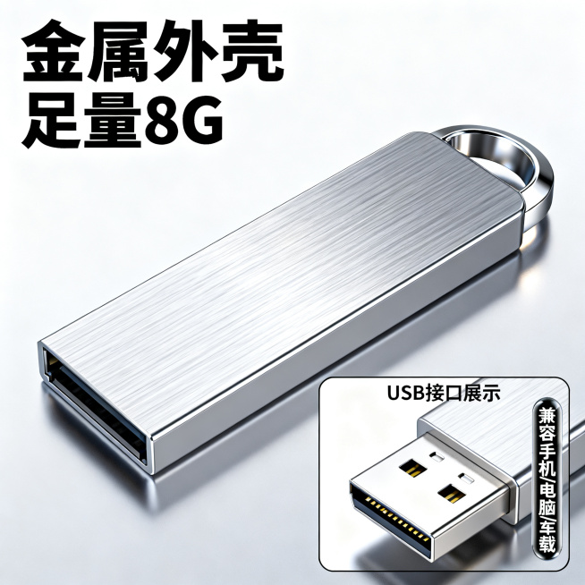 [主图 2] 金属U盘产品细节展示主图
[氛围风格] 简约科技风，细节质感突出
[画质] 商业摄影质感、光线柔和通透、产品清晰真实、画面干净高级、超高清
[元素] 金属U盘整体特写搭配USB接口微距特预览效果