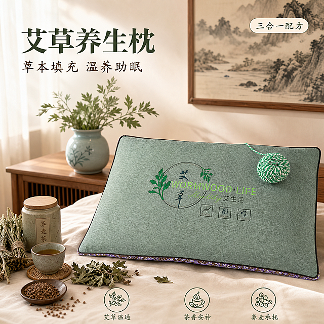 [主图-1] 艾草荞麦茶香养生枕 中式养生氛围首图
[氛围风格] 新中式禅意养生风，温馨静谧，高级质感
[画质] 商业摄影质感、光线柔和通透、产品清晰真实、画面干净高级
[元素] 艾草养生枕居中偏下放置，枕面平整展示艾草刺绣图案与文字标识，保持产品外观（即物理结构、材质质感、灰绿色亚麻面料、艾草刺绣图案）与输入产品图一致，杜绝任何变形和色差，精细化处理。背景为新中式卧室床头场景，浅米色墙面挂着水墨山水装饰画，原木色床头柜上摆放青瓷花瓶插着艾草枝、古朴陶制茶杯，旁边有一小捆干艾草与茶叶罐点缀。枕侧散落几片新鲜艾草叶与干茶叶作为装饰，强化草本养生主题。商品主体占比约70%。画面满屏无边框。
[光影] 午后柔和自然光从左侧窗纱透入，形成暖金色光斑，主光柔和均匀，辅光补亮暗部，枕面亚麻纹理清晰，整体氛围静谧温暖，有禅意养生感
[配色] 主色调艾草灰绿+原木暖棕+米白；辅助色青瓷蓝、艾叶绿；强调色暖金
[视角构图] 平视微俯视角，产品为视觉中心，前中后景分层，浅景深突出主体，背景虚化自然
[文字版式] 左上负空间左对齐，主标题大字"艾草养生枕"深绿色粗宋体，下方副标题"草本填充 温养助眠"稍小棕色楷体。右上圆角小标签"三合一配方"米白底深绿字。底部三列轻图标+文字：左"艾草温通"中"茶香安神"右"荞麦承托"，图标为简约线描风格，文字小号清晰
[输出要求] 1:1比例，文字清晰可辨，超高清商业摄影质感
[负向提示词] 变形，文字错乱，产品图模糊，背景杂乱，水印，电商平台Logo，多余的手，畸形手，人物面部扭曲