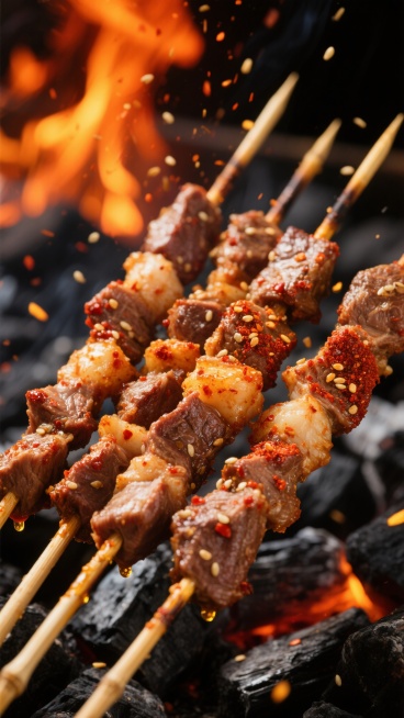 特写镜头下的新疆羊肉串，鲜嫩的羊肉块肥瘦相间，被均匀地串在竹签上，表面覆盖着红亮的辣椒粉、孜然粉和芝麻，在炭火上滋滋作响，油脂滴落激起金黄的火星四散飞溅，背景是跳跃的橙红色火焰和黑色的炭火，营造出热烈诱人的烧烤氛围，肉质呈现出焦香的棕黄色，纹理清晰可见，散发着浓郁的香气，整体画面色彩饱和，光影对比强烈，充满烟火气和食欲感。预览效果