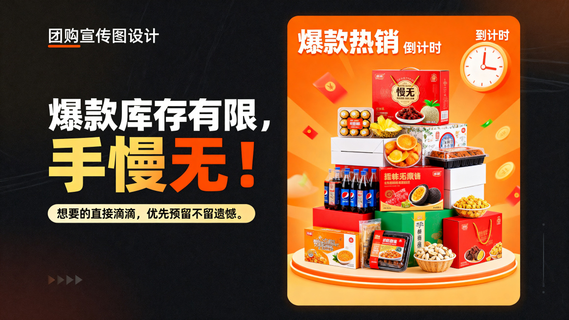 爆款库存团购宣传图，左侧是大小颜色区分文案“爆款库存有限，手慢无！想要的直接滴滴，优先预留不留遗憾。”大字突出“手慢无”，右侧是爆款热销商品堆叠展示，橘色活力背景，倒计时元素，左右排版风格，不同文字大预览效果
