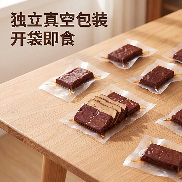 [主图 3] 重庆豆干独立包装细节展示。[氛围风格] 干净清爽商品展示风格，突出独立包装优势。[画质] 商业摄影高清质感，包装清晰，细节锐利。[元素] 保持豆干颜色质地与输入产品图一致，将几包独立小包装豆干散开放置在原木桌面上，展示完整包装和豆干形态，突出真空独立包装方便携带的特点。画面排列错落有致，主体清晰。商品主体占比约65%。[光影] 均匀柔和自然光，清晰展示包装细节，无明显硬阴影。[配色] 原木浅色调搭配豆干深酱红色，干净舒适。[视角构图] 平视略微俯视，产品排布疏密得当，无边框构图。[文字版式] 顶部左对齐标题 "独立真空包装 开袋即食"，深棕色粗体，清晰不遮挡主体。[比例分辨率] 1:1 比例，2k 分辨率，文字清晰锐利，画面超高清。[负向提示词] 变形，水印，文字错乱，包装模糊，背景杂乱。