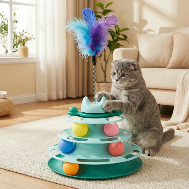 以图中的四层猫塔玩具为元素,设计4张跟四层猫塔玩具有关的广告图，物体主体特征不变,比例 「1:1」预览效果