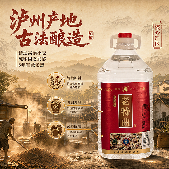 [主图-2] 产地溯源与核心工艺，建立信任背书。
[统一基调] 国风品质感，红金主色调，背景为浅米色搭配古风水墨纹理，标题字为深红色粗书法体，辅助文案为深棕色宋体，整体有历史厚重感。
[画面] 产品桶装白酒放在画面右侧，占比50%，桶身完整。左侧和背景融入泸州老窖酿酒产地场景：远处是川南丘陵和稻田，中景是古酿酒坊青瓦白墙，近处有酿酒工人正在翻拌酒糟的剪影，有蒸汽升腾的效果。画面中用细引线从产品指向三个工艺节点图标：纯粮原料、固态发酵、窖藏陈酿，每个图标配简短说明。
[光影质感] 自然暖阳逆光效果，整体暖黄色调，像清晨酒坊的光线，产品受光均匀，背景场景有空气透视感，远近层次分明，产品边缘自然融入场景。
[配色] 浅米黄背景主色，深红标题字，深棕辅助字，金色引线和图标边框，产品保持原样。
[文字版式] 左上角主标题"泸州产地 古法酿造"，下方分三行小字"精选高粱小麦 纯粮固态发酵 8年窖藏老熟"，右侧产品旁有竖排印章式文字"核心产区"。引线文字清晰，字号适中，不遮挡主体。
[输出要求] 1:1正方形，2048px，产品清晰不变形，场景自然融合，文字清晰无错字，无水印，无平台Logo，禁止产品边缘硬切。