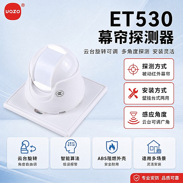 [主图-1] 首图：ET530幕帘探测器产品主图，完全沿用参考模板【图1】的版式构图、信息结构、配色体系和组件样式，仅替换产品主体为【图2】ET530云台型幕帘探测器、更新产品名称和对应卖点文案。
[统一基调] 风格=报警行业专业商业摄影，克制高级，满版无空白；标题字=现代无衬线粗黑体（思源黑体风格）；正文字=简洁无衬线常规体；主色=浅蓝（#E8F2FB）+浅灰（#F5F7FA）；背景=浅蓝到浅灰柔和渐变，带细腻光纹，左下角浅蓝斜向光带；强调色=警示红（#E53935），仅用于参数框红边、图标点缀、底部标签、LOGO底；标题色=黑色（#1A1A1A）；正文色=深灰（#4A4A4A），参数框内标题黑色、说明深灰；组件=红边白底参数卡（3个竖排右侧）、圆角浅蓝底卖点卡（4个横排底部）、红色底部标签、红色圆形LOGO；光影=柔和棚拍顶光+左前侧柔光，产品底部自然投影。
[画面] 产品使用【图2】ET530幕帘探测器（云台旋转型，带方形底座），严格保留产品原始外形、结构、比例、颜色（白色机身）、球形云台探测头、方形底座、CCC标识、底座安装孔、旋转结构等所有细节，不扭曲不变形。产品位于画面左中部，占画面约45%，微俯视角度展示云台球形外观与方形底座，体现大气风范。右侧竖排3个红框白底参数块。底部横排4个圆角浅蓝底卖点卡。右下角红色标签。左上角UOZO红色圆形LOGO。整体版式与参考模板【图1】完全一致：左上LOGO、右上大标题+副标题、左中产品大图、右侧3参数卡、底部4卖点卡、右下红标签。满版排布，无空白区域。
[光影质感] 柔和棚拍光，左前侧主光，右侧辅助光，球形曲面高光自然，边缘轮廓清晰，底部柔和投影落在渐变背景上，整体明亮通透，与参考模板光影风格一致。
[配色] 主色浅蓝+浅灰渐变背景，产品白色机身自然融入，警示红仅用于参数框边框、图标、底部标签和LOGO底色，产品名称黑色，参数标题黑色，卖点图标蓝色，整体克制高级，杜绝深色和高饱和彩色。
[文字版式] 左上角UOZO红色圆形LOGO（白色uozo字母+右上角®）。右上大标题（黑色超大粗体，优先凸显）：ET530。第二行（黑色大粗体）：幕帘探测器。副标题（深灰中号）：云台旋转可调 多角度探测 安装灵活。右侧3个红框白底参数块（红边、图标红色、标题黑色、说明深灰）：1.探测方式 被动红外幕帘 2.安装方式 壁挂台式两用 3.感应角度 云台可调广角。底部4个圆角浅蓝底卖点卡（蓝色图标、黑色标题、深灰说明）：1.云台旋转 角度自由调 2.智能算法 低误报警 3.ABS阻燃外壳 安全耐用 4.适用多场景 灵活安装。右下角红色标签（白色图标+白色文字）：专业安防 品质可靠。文字全部横排，字号层级分明，手机端清晰可读，不遮挡产品主体关键部位。
[输出要求] 比例1:1，2048x2048px，2K分辨率，国内电商适配，中文简体。避免：产品变形扭曲、深色背景、高饱和彩色、文字竖排/斜排、极限词、虚假宣传、水印、二维码、平台Logo、空白区域。